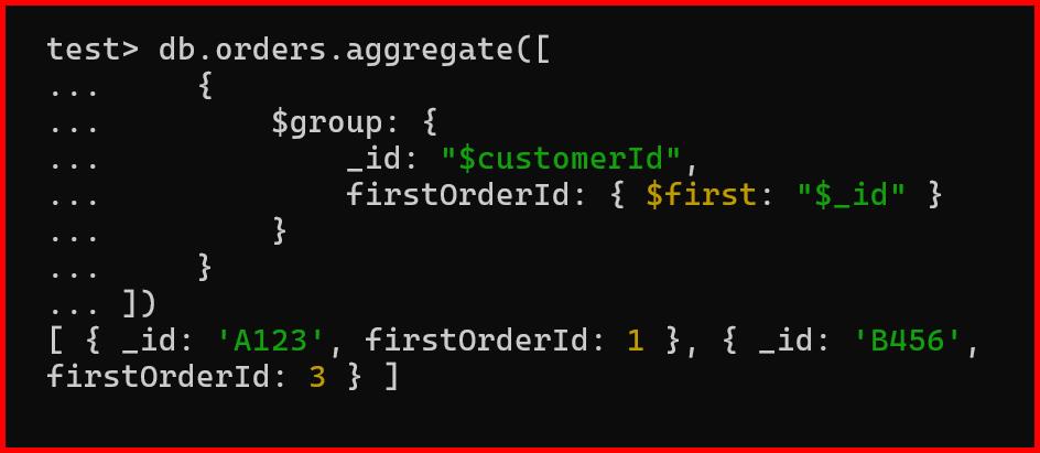 Picture showing the output of $first aggregation operator in mongodb